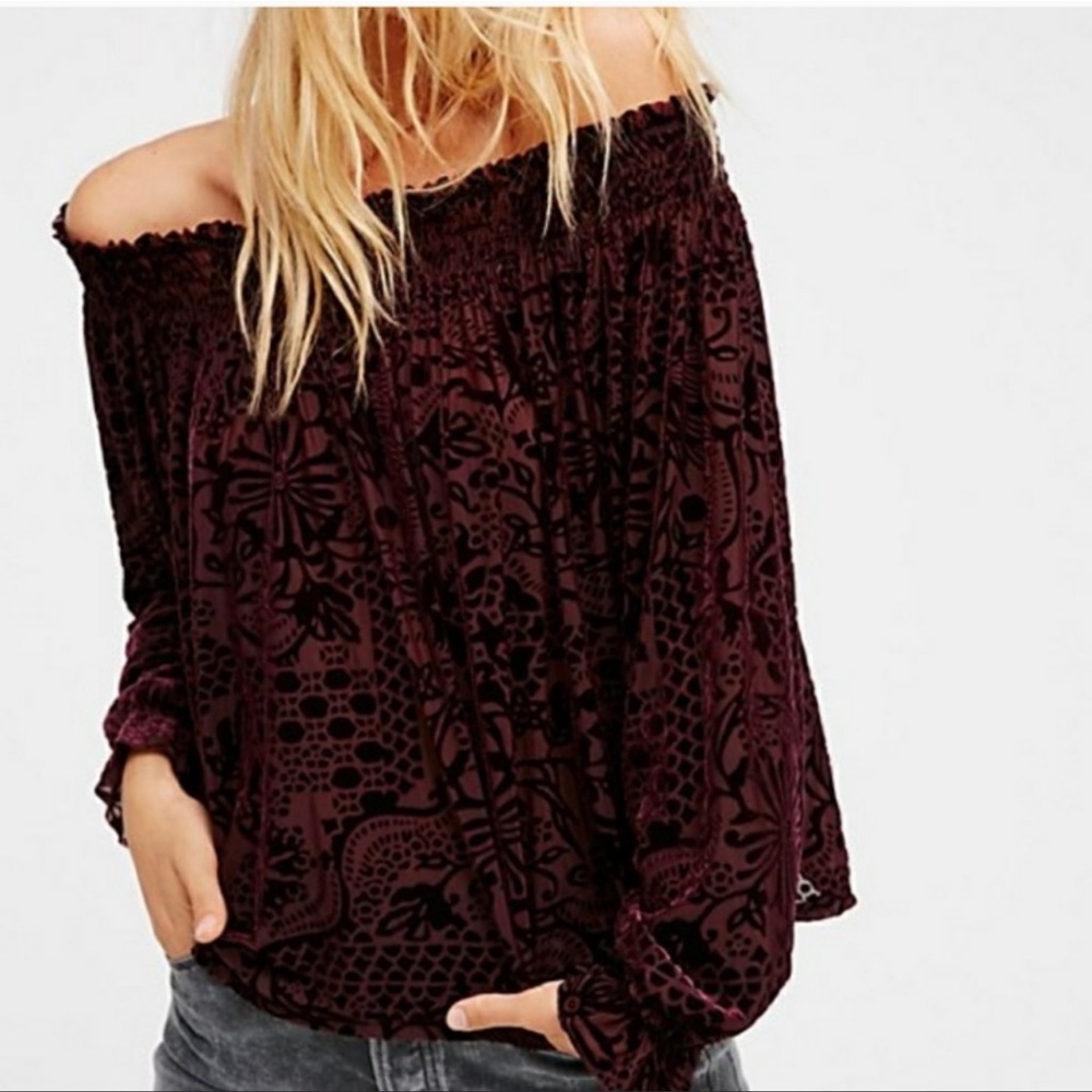 Free People Plum Velvet Off The Shoulder Top Boho Long Sleeves Sz XS